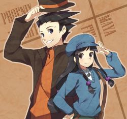 1boy 1girl alternate_costume maya_fey bag black_hair blue_eyes blush cabbie_hat capcom child commentary cosplay costume_switch english_text grin ace_attorney hair_bobbles hair_ornament hand_on_own_hip hat hat_tip height_difference hershel_layton hershel_layton_(cosplay) level-5 long_hair luke_triton luke_triton_(cosplay) phoenix_wright orange_shirt outline professor_layton professor_layton_vs._phoenix_wright:_ace_attorney professor_layton_vs_ace_attorney purple_eyes salute shirt shoulder_bag smile spiked_hair sweater top_hat weee_(raemz) rating:Sensitive score:28 user:danbooru