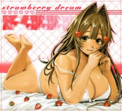  1girl ass barefoot bra breasts brown_eyes brown_hair cleavage english_text food fruit hair_ornament halftone hands_up heart heart_hair_ornament highres hott0g111 large_breasts long_hair looking_at_viewer lying nanaco_(hott0g111) on_stomach original panties plump shadow smile solo strap_slip strawberry strawberry_slice underwear underwear_only white_bra white_panties 