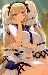  1girl absurdly_long_hair absurdres arm_under_breasts azur_lane bare_shoulders black_ribbon blue_neckerchief blue_sailor_collar blurry blurry_background bow breasts closed_mouth clothing_cutout commentary cropped_legs dress dress_bow dress_flower formidable_(azur_lane) formidable_(timeless_classics)_(azur_lane) grey_hair head_rest highres large_breasts long_hair looking_at_viewer navel_cutout neckerchief official_alternate_costume red_eyes ribbon sailor_collar sitting smile solo twintails veil very_long_hair white_dress yun-yang 