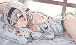  1girl bare_legs bare_shoulders bed bed_sheet black_bow black_hairband blue_eyes blue_pupils blush bow breasts camisole cleavage closed_mouth collarbone detached_sleeves double-parted_bangs firefly_(honkai:_star_rail) frilled_panties frilled_shorts frills green_shorts grey_hair hair_between_eyes hair_bow hair_ribbon hairband highres honkai:_star_rail honkai_(series) indoors long_eyelashes long_hair long_sleeves looking_at_viewer lying multicolored_eyes on_bed on_side pajamas panties pillow pink_eyes ribbon short_shorts shorts small_breasts smile solo sunlight tabitsuki thighs underwear white_camisole window 