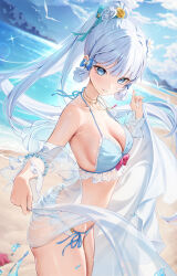  1girl absurdres alternate_costume ayaka_(genshin_impact) beach bikini bird blue_bikini blue_eyes blue_hair blue_sky blunt_bangs breasts cleavage cloud commentary_request dated_commentary flower frilled_bikini frills genshin_impact hair_flower hair_ornament hair_ribbon halterneck highres houkisei jewelry light_blue_hair long_hair medium_breasts necklace ocean outdoors parted_lips ponytail ribbon see-through_shawl shawl side-tie_bikini_bottom sky smile solo swimsuit tress_ribbon white_bird 