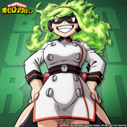  1girl artist_name assertive_female belt belted_dress black_hairband black_thighhighs boku_no_hero_academia breasts brown_eyes burnin_(boku_no_hero_academia) buttons character_name claws clenched_hands clenched_teeth collared_dress cowboy_shot crazy_eyes curvy double-breasted dress eye_mask fangs female_focus fiery_hair fire fire_extinguisher from_below garter_straps gluteal_fold gradient_hair green_background green_fire green_hair grin groin hair_ornament hairband hands_on_own_hips highres jacket kamiji_moe large_breasts legs long_hair long_sleeves looking_at_viewer looking_down mask multicolored_hair parted_lips ponytail short_dress sidelocks smile standing suit_jacket teeth thick_thighs thighhighs thighs upskirt v-shaped_eyebrows white_dress wide_ponytail 