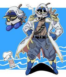  1boy admiral_bobbery anchor_ornament bandolier beard belt black_belt blue_background blue_footwear blue_pants boots border cigar coat commentary dark-skinned_male dark_skin epaulettes facial_hair full_body fuse grey_hair hair_over_one_eye hands_in_pockets hat highres humanization letterboxed long_sleeves male_focus mario_(series) mature_male multiple_views nintendo open_clothes open_coat outline outside_border pants paper_mario paper_mario:_the_thousand_year_door patchwork_clothes photo_(object) polaroid sanso_(kasyawamoti) ship&#039;s_wheel short_hair simple_background smoke smoking standing toned toned_male topless_male translation_request v-shaped_eyebrows white_border white_coat white_hat white_outline yellow_eyes 