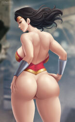  1girl absurdres ass back black_hair bottomless bracelet breasts curvy dc_comics flowerxl hands_on_own_hips highres huge_ass jewelry justice_league large_breasts leotard long_hair looking_at_viewer no_underwear_(female) pussy solo thighs toned_female watermark web_address wonder_woman 