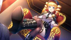  1boy 1girl baseson blonde_hair blue_eyes blush breasts brown_thighhighs drill_hair from_below hetero high_heels highres indoors koihime_musou looking_at_viewer military_uniform open_mouth riding_crop sitting small_breasts sousou_(koihime_musou) thighhighs uniform  rating:Sensitive score:4 user:tanaab1234567890