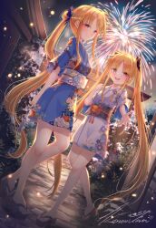  2girls :d aerial_fireworks blonde_hair blue_kimono blush brown_footwear butterfly_hair_ornament character_request closed_mouth commentary_request dated fate_testarossa fireworks floral_print flower hair_ornament highres japanese_clothes kimono kinom_(sculpturesky) long_hair looking_at_viewer lyrical_nanoha mahou_shoujo_lyrical_nanoha multiple_girls night night_sky obi open_mouth outdoors parted_bangs ponytail print_kimono red_eyes rose sandals sash short_sleeves signature sky smile snow teeth torii twintails upper_teeth_only very_long_hair white_flower white_kimono white_rose wide_sleeves zouri 