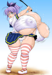 aqua_eyes blush bouncing_breasts bow breasts bursting_breasts curvy gigantic_breasts golf_club hair_bow highres nipples open_mouth panties plump purple_hair school_uniform shoes skirt sweat tetsujinex thick_thighs thighhighs thighs underboob underwear rating:Questionable score:23 user:GangstaIchigo