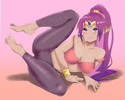 1girl absurdres bare_shoulders barefoot blush bra breasts closed_mouth dark-skinned_female dark_skin earrings feet feet_up female_focus full_body gradient_background highres incredibly_absurdres jewelry legs long_hair looking_at_viewer pants pink_background pointy_ears ponytail red_bra seba_2 shantae shantae_(series) solo thighs tiara toes underwear very_long_hair yoga_pants rating:Sensitive score:32 user:soup574