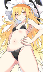  1girl :3 alternate_costume bikini black_bikini black_hat blonde_hair blush bow braid breasts collarbone commentary cowboy_shot crossed_bangs e.o. fang from_below gluteal_fold hair_between_eyes hair_bow hands_on_own_hips hat highres kirisame_marisa long_hair looking_at_viewer micro_bikini navel simple_background single_braid small_breasts solo stomach swimsuit thighs touhou white_background white_bow witch_hat yellow_eyes 
