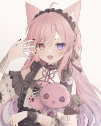  1girl absurdres ahoge animal_ear_fluff animal_ears bandaged_arm bandages bare_shoulders black_dress black_nails black_ribbon cat_ears cat_girl cat_tail detached_sleeves dress fangs frilled_dress frilled_skirt frilled_sleeves frills gothic_lolita hairband heterochromia highres indie_virtual_youtuber lolita_fashion mikeneko_(vtuber) nail_polish neck_ribbon open_mouth pon-chan_(mikeneko) ribbon simple_background skirt smile solo strapless strapless_dress stuffed_animal stuffed_toy tagme tail virtual_youtuber wrist_cuffs  rating:Sensitive score:12 user:Anon3280