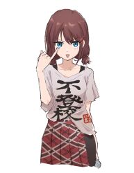  1girl absurdres blue_eyes brown_hair closed_mouth commentary cowboy_shot girls_band_cry highres holding holding_microphone iseri_nina microphone pinky_out plaid plaid_skirt pleated_skirt red_skirt shinna_(phoeaven1) shirt short_hair short_sleeves simple_background skirt solo tongue tongue_out white_background white_shirt 