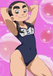  1girl armpits black_hair blush_stickers breasts bubble character_request check_character closed_mouth groin haruyama_kazunori imoto_ayako long_hair looking_at_viewer medium_breasts one-piece_swimsuit real_life small_breasts smile solo swimsuit thick_eyebrows time_bokan 