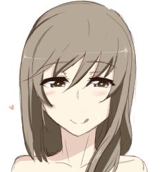1girl :q bare_shoulders blush brown_eyes brown_hair collarbone girls_und_panzer heart heart-shaped_pupils k-dam licking_lips long_hair looking_at_viewer portrait shimada_chiyo simple_background solo straight_hair sweatdrop symbol-shaped_pupils tongue tongue_out topless white_background