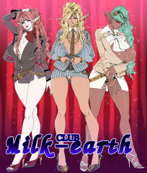  2016 3girls arm_at_side arm_up artist_name bare_legs belt belt_buckle between_breasts black_jacket blonde_hair blue_eyes blunt_bangs bow bowtie bracelet breasts breasts_out buckle bursting_breasts business_suit cleavage cleavage_cutout clothing_cutout corset covered_erect_nipples curly_hair curvy dark-skinned_female dark_elf dark_skin detached_sleeves dress drill_hair earrings elf english_text expressionless formal green_eyes green_hair hair_ornament high_heels highres huge_breasts huge_nipples jacket jewelry large_breasts lips lipstick long_hair long_pointy_ears long_sleeves looking_at_viewer lots_of_jewelry makeup microdress microskirt minidress miniskirt multiple_girls nail_polish naughty_face neck_scarf necklace necktie neckwear_request no_bra open_clothes open_jacket original pale_skin panties pantyshot parted_lips piercing pink_hair pink_nails pinstripe_pattern pinstripe_suit pointy_ears red_eyes red_footwear red_lips ring scarf shiny_clothes shiny_shoes shiny_skin shoes signature skirt skirt_suit sleeve_cuffs sparkle sparkle_background sparkling_clothes sparkling_dress sparkling_eyes standing striped_clothes striped_skirt striped_suit suit tatsunami_youtoku thick_lips tight_microdress tight_microskirt tight_minidress tight_miniskirt toenail_polish toenails toes unbottoned unbuttoned unbuttoned_shirt underwear upskirt white_bow white_neckwear white_panties white_skirt  rating:Questionable score:55 user:ron2k15