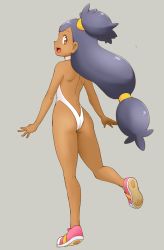 1girl ass back_cutout bare_shoulders big_hair blush breasts brown_eyes butt_crack clothing_cutout covered_erect_nipples creatures_(company) dark-skinned_female dark_skin eyelashes female_focus game_freak grey_background gym_leader hair_ornament halterneck highres iris_(pokemon) long_hair nintendo one-piece_swimsuit pokemon pokemon_bw purple_hair simple_background small_breasts solo swimsuit tof twintails very_long_hair rating:Questionable score:106 user:Vardigiil