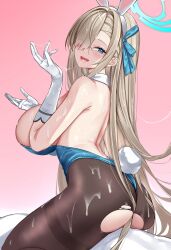  1boy 1girl animal_ears ass asuna_(blue_archive) asuna_(bunny)_(blue_archive) black_pantyhose blue_archive blue_eyes blue_leotard blush breasts bukkake cum cum_on_ass cum_on_body cum_on_breasts cum_on_clothes cum_on_hair cum_on_upper_body cum_string detached_collar elbow_gloves facial fake_animal_ears girl_on_top gloves gradient_background hair_over_one_eye hair_ribbon halo hands_up hetero highleg highleg_leotard highres huge_breasts leotard light_brown_hair long_hair looking_back official_alternate_costume open_mouth pantyhose pink_background playboy_bunny rabbit_ears rapapa ribbon simple_background smile solo_focus strapless strapless_leotard thighband_pantyhose white_gloves 