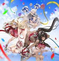  3girls absurdres arms_up ass bare_shoulders bay_(nikke) blonde_hair blue_eyes blue_sky blush breasts brown_eyes brown_hair cheerleader clay_(nikke) confetti dark-skinned_female dark_skin day goddess_of_victory:_nikke grey_hair grin highres huge_breasts large_breasts leaning_forward long_hair looking_at_viewer multiple_girls navel one_eye_closed open_mouth outdoors poli_(cheer_up_police)_(nikke) poli_(nikke) pom_pom_(cheerleading) ponytail red_eyes revision skirt sky small_breasts smile solo teddy_(khanshin) unaligned_breasts very_long_hair 