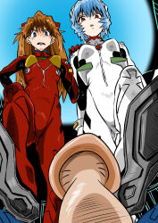  2girls absurdres arms_up ass ass_focus ayanami_rei between_legs blue_eyes bodysuit brown_hair eywy4324 femdom foreshortening hair_ornament highres ikari_shinji long_hair looking_at_another looking_at_viewer multiple_girls multiple_views mushroom neon_genesis_evangelion out_of_frame phallic_symbol pilot_suit plugsuit red_bodysuit red_eyes shiny_clothes short_hair skin_tight souryuu_asuka_langley standing two_side_up very_long_hair white_bodysuit  rating:Questionable score:35 user:popotepopote