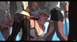 5girls ass black_bra black_legwear bra bracelet breasts caressing_testicles cleavage earrings erection fellatio futa_with_female futa_with_futa futanari garter_straps glasses grey_hair highres incase jewelry lace lace-trimmed_bra lace_trim looking_at_another lower_body mature_female multiple_girls newhalf newhalf_with_female office_lady old old_woman oral original pantyhose parted_lips penis red-framed_eyewear ring skirt smile testicles thighhighs torn_clothes torn_legwear underwear rating:Explicit score:371 user:danbooru