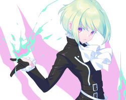  1boy androgynous ascot black_gloves black_jacket fire gloves green_hair half_gloves highres jacket lio_fotia looking_to_the_side male_focus promare purple_eyes pyrokinesis shikimiorange short_hair simple_background solo upper_body white_ascot 