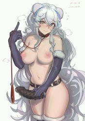  1girl animal_ears arknights bare_shoulders bear_ears black_gloves blue_hair blush breasts brown_eyes collar cowboy_shot dated dildo elbow_gloves gloves grey_hair highres index_finger_raised large_breasts leash long_hair looking_at_viewer multicolored_hair navel purple_hair rosa_(arknights) samsara_(shuukeura) sex_toy shadow signature simple_background smile solo strap-on streaked_hair thighhighs very_long_hair white_background  rating:Questionable score:139 user:danbooru