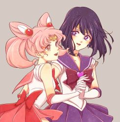  1990s_(style) 2girls :d bishoujo_senshi_sailor_moon bishoujo_senshi_sailor_moon_s black_hair blush bow brooch chibi_usa choker cone_hair_bun cowboy_shot crescent crescent_earrings double_bun dress earrings elbow_gloves female_focus friends gloves grey_background hair_bun hair_ornament hairpin heart heart_brooch holding_hands inahachi jewelry looking_at_another magical_girl multiple_girls necklace open_mouth pink_eyes pink_hair pink_skirt pleated_skirt purple_bow purple_eyes purple_skirt red_bow retro_artstyle ribbon sailor_chibi_moon sailor_collar sailor_saturn sailor_senshi school_uniform serafuku short_hair skirt smile star_(symbol) star_necklace super_sailor_chibi_moon super_sailor_saturn tiara tomoe_hotaru twintails upper_body white_gloves yuri 