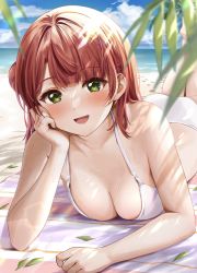  1girl :d a_chamaru5 absurdres ass bare_arms beach beach_towel bikini blue_sky blurry blush breasts cleavage cloud commentary_request day depth_of_field feet_up green_eyes hair_bun head_on_hand highres horizon looking_at_viewer lying medium_breasts medium_hair ocean on_stomach open_mouth original outdoors palm_tree red_hair sky smile solo swimsuit the_pose towel tree white_bikini 