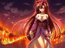  1girl bare_shoulders breasts cleavage engage_links fire game_cg holding japanese_clothes katana kimono long_hair no_bra non-web_source off_shoulder ponytail red_eyes red_hair shizuha_(engage_links) smile solo source_request sword weapon  rating:Sensitive score:17 user:danbooru