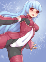  1girl :d arm_belt bad_id bad_pixiv_id blue_background blue_hair blunt_bangs blush bodysuit breasts collar covered_navel folks_(nabokof) kula_diamond long_hair navel open_mouth outstretched_arms red_eyes smile snowflake_background solo the_king_of_fighters the_king_of_fighters_xiv very_long_hair  rating:Questionable score:15 user:DecomposingMammal