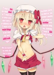  ! !? 1girl ? angry black_thighhighs blonde_hair blush bow clothes_lift clothes_pull cowboy_shot english_text eyebrows female_focus flandre_scarlet hard-translated hat highres lifted_by_self loli long_hair looking_at_viewer makaroni midriff navel open_mouth pedophile ponytail shirt_lift side_ponytail skirt skirt_pull solo standing stomach team_shanghai_alice teeth text_focus thighhighs third-party_edit touhou translated vampire wings zettai_ryouiki  rating:Questionable score:117 user:wtfwowlol
