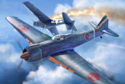 2boys absurdres aerial_battle aircraft airplane battle blue_sky burning cloud cloudy_sky commentary day dogfight f6f_hellcat fire flying graphite_(medium) highres imperial_japanese_army ki-100 looking_to_the_side male_focus mast military motion_blur multiple_boys original pilot pilot_helmet propeller roundel shot_down sky traditional_media united_states_navy vehicle_focus wheel world_war_ii zuotian_de_yu