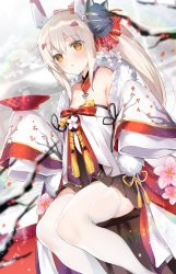  1girl ayanami_(azur_lane) ayanami_(pulse_of_the_new_year)_(azur_lane) azur_lane breasts cherry_blossoms cleavage commentary_request cup detached_collar fine_fabric_emphasis flower fox_mask hair_between_eyes hair_flower hair_ornament headgear highres japanese_clothes kanzashi kimono long_hair mask mask_on_head miniskirt off_shoulder orange_eyes platinum_blonde_hair pom_pom_(clothes) ponytail sakazuki sidelocks sino_(sionori) sitting skirt sleeves_past_fingers sleeves_past_wrists small_breasts snow solo thighhighs thighs tsumami_kanzashi very_long_sleeves white_thighhighs wide_sleeves 
