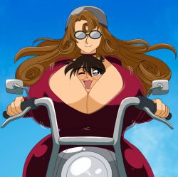  1boy 1girl age_difference between_breasts biker_clothes blush bodysuit booba_tea bouncing_breasts breasts brown_hair cleavage edogawa_conan gigantic_breasts glasses goggles helmet huge_breasts kudou_yukiko long_hair mature_female meitantei_conan mother_and_son motor_vehicle motorcycle older_woman_and_younger_man person_between_breasts red_bodysuit shota smile under_another&#039;s_clothes 