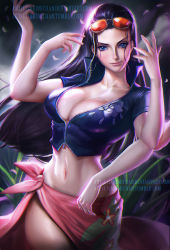  1girl artist_name black_hair blue_eyes blue_shirt breasts cleavage collarbone cowboy_shot crop_top extra_arms eyelashes eyewear_on_head female_focus floral_print flower glasses gradient_background grass hair_slicked_back hana_hana_no_mi hands_up head_tilt large_breasts lips long_hair looking_at_viewer midriff navel nico_robin no_bra one_piece open_clothes open_shirt outdoors petals pink_skirt popped_collar sakimichan sarong shirt short_sleeves side_slit skirt solo sunglasses unzipped watermark web_address zipper  rating:Sensitive score:76 user:dmysta3000