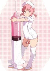  1boy androgynous bad_id bad_pixiv_id blush blush_stickers bottomless censored crossdressing hat highres large_syringe looking_at_viewer male_focus nurse nurse_cap original oversized_object penis pink_eyes pink_hair pointless_censoring precum short_hair short_twintails shota solo standing syringe testicles thighhighs trap twintails wachiwo white_thighhighs  rating:Explicit score:171 user:BlueBaroness