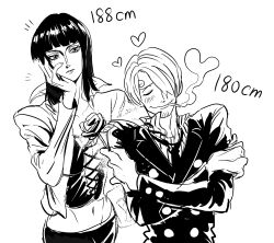 1boy 1girl absurdres blunt_bangs blush breasts corset curly_eyebrows flower heart height_difference highres holding holding_flower jacket large_breasts medium_hair monochrome mouth_hold navel nico_robin one_piece rita_ya sanji_(one_piece) short_hair smoke smoking