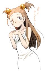  1girl bare_arms brown_eyes creatures_(company) dress game_freak hair_bobbles hair_ornament interlocked_fingers jasmine_(pokemon) light_brown_hair long_hair looking_at_viewer minashirazu nintendo own_hands_together pokemon pokemon_gsc simple_background solo sundress white_background 