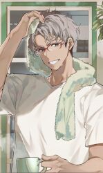  1boy arurandeisu cup dappled_sunlight door drying drying_hair glasses green_eyes grey_hair grin hair_between_eyes highres hikariemochi holding holding_cup holostars looking_at_viewer male_focus mug parted_bangs plant potted_plant red-framed_eyewear shirt short_hair short_sleeves smile solo steam sunlight t-shirt tan toned toned_male towel towel_around_neck undercut upper_body v-neck v-shaped_eyebrows virtual_youtuber wet wet_hair white_shirt 