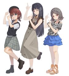  3girls absurdres awa_subaru beret black_hair black_hat blue_eyes boots bow_hairband brown_hair ddul_(hauluimubingoj1) ebizuka_tomo full_body girls_band_cry grey_hair hairband hat highres iseri_nina layered_skirt loafers long_hair long_skirt low_twintails multiple_girls open_mouth plaid plaid_skirt pointing pointing_up puffy_short_sleeves puffy_sleeves purple_eyes red_eyes sandals shoes short_hair short_sleeves short_twintails skirt socks striped_clothes striped_hairband sweater toes twintails v-neck v-shaped_eyebrows wavy_hair white_background white_socks 