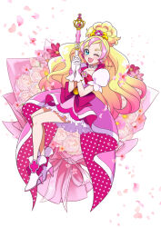  1girl ;d bare_legs blonde_hair blue_eyes blush bouquet bow brooch collarbone cure_flora floral_background flower flower_brooch flower_necklace frills full_body gloves go!_princess_precure gradient_hair hair_ornament haruno_haruka holding holding_wand jewelry long_hair looking_at_viewer magical_girl multicolored_hair necklace neko_hunsou one_eye_closed open_mouth petals pink_bow pink_hair pink_skirt pink_theme precure puffy_sleeves shoes simple_background skirt smile solo streaked_hair thick_eyebrows waist_bow wand white_background white_footwear white_gloves 
