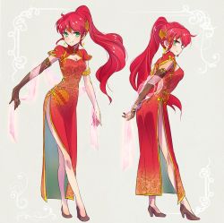  1girl armlet breasts china_dress chinese_clothes cleavage cleavage_cutout clothing_cutout crown dress full_body gloves green_eyes high_heels iesupa legs long_hair looking_at_viewer looking_back medium_breasts multiple_views ponytail pumps pyrrha_nikos red_dress red_hair rwby shawl single_glove smile standing  rating:Sensitive score:45 user:twilight_jester