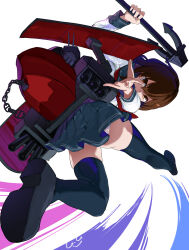  1girl absurdres adapted_turret anchor anchor_symbol blush brown_eyes brown_hair cannon gegeron hair_ornament hairclip highres holding holding_anchor ikazuchi_(kancolle) kantai_collection long_sleeves looking_at_viewer machinery military_uniform naval_uniform neckerchief pleated_skirt red_neckerchief rigging sailor_collar school_uniform serafuku short_hair skirt smokestack solo thighhighs torpedo_launcher turret twitter_username uniform white_background 