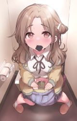  1girl blush brown_eyes brown_hair censored clothes_pull condom condom_in_mouth condom_wrapper highres ichikawa_hinana idolmaster idolmaster_shiny_colors looking_at_viewer mouth_hold panties panty_pull peeing restroom sitting skirt skirt_pull solo sweatdrop toilet toilet_paper toilet_use underwear  rating:Explicit score:43 user:BaronArgyleSven