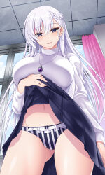  1girl absurdres alternate_costume azur_lane belfast_(azur_lane) breasts clothes_lift highres jewelry large_breasts lifting_own_clothes long_hair looking_at_viewer necklace panties pendant purple_hair shirt skirt skirt_lift smile sogegin striped_clothes striped_panties turtleneck turtleneck_shirt underwear vertical-striped_clothes vertical-striped_panties white_hair 