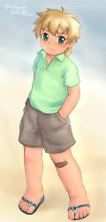  1boy absurdres blonde_hair fairwind feet flip-flops green_eyes highres looking_at_viewer male_focus sandals shota smile solo solo_focus tagme toes  rating:Sensitive score:18 user:FireHeart