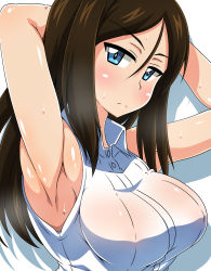 10s 1girl armpits blue_eyes blush breasts brown_hair covered_erect_nipples frown girls_und_panzer kani_club long_hair looking_at_viewer nonna_(girls_und_panzer) see-through shadow simple_background sleeveless solo sweat white_background rating:Sensitive score:43 user:danbooru
