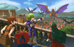  2boys 2girls aiming arrow_(projectile) blue_sky bow_(weapon) brown_hair city commentary_request dorothy_(fire_emblem) dragon fence fire_emblem fire_emblem:_the_binding_blade green_hair holding holding_bow_(weapon) holding_weapon long_hair multiple_boys multiple_girls nintendo noki_(affabile) red_hair roy_(fire_emblem) short_hair sky sue_(fire_emblem) weapon wings wolt_(fire_emblem) wyvern 