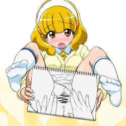 10s 1girl anus blonde_hair blush censored clothing_aside covering_privates covering_crotch drawing feet hairband holding holding_sign kise_yayoi kneehighs looking_at_viewer no_nose no_pants no_shoes open_mouth panties panties_aside precure pussy short_hair sign sketchbook smile_precure! socks solo spread_legs spread_pussy sweater underwear uyuu white_hairband white_socks yellow_eyes rating:Explicit score:63 user:danbooru