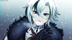  1girl arlecchino_(genshin_impact) black_gloves black_hair breath fur_trim genshin_impact gloves highres jewelry looking_at_viewer multicolored_hair omkacat open_mouth ring snow snowing solo symbol-shaped_pupils two-tone_hair white_hair x-shaped_pupils 