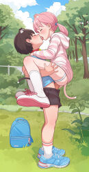  1boy 1girl absurdres animal_ears artist_request bag belly cat_boy cat_ears cat_girl cat_tail child_on_child closed_eyes clothed_sex cloud collar dark_brown_hair french_kiss grabbing hetero highres hood hooded_jacket jacket kiss loli original outdoors panties park penis pink_hair public_indecency school_bag sex shirt shoes short_hair shorts shota sky socks source_request standing standing_sex suspended_congress tail tongue tongue_out twintails uncensored underwear  rating:Explicit score:563 user:VHSephi